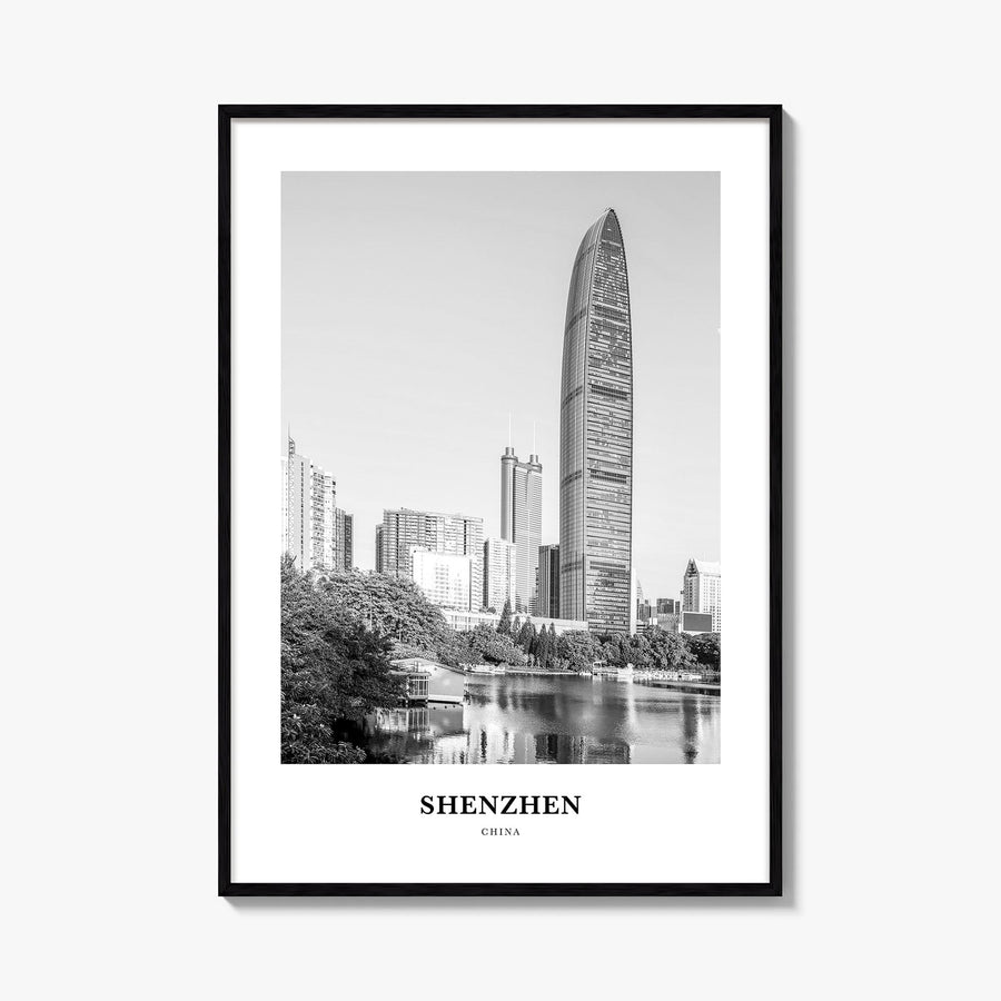 Shenzhen black & white classic poster of China – vertical wall art, unframed print shown in interior mockup