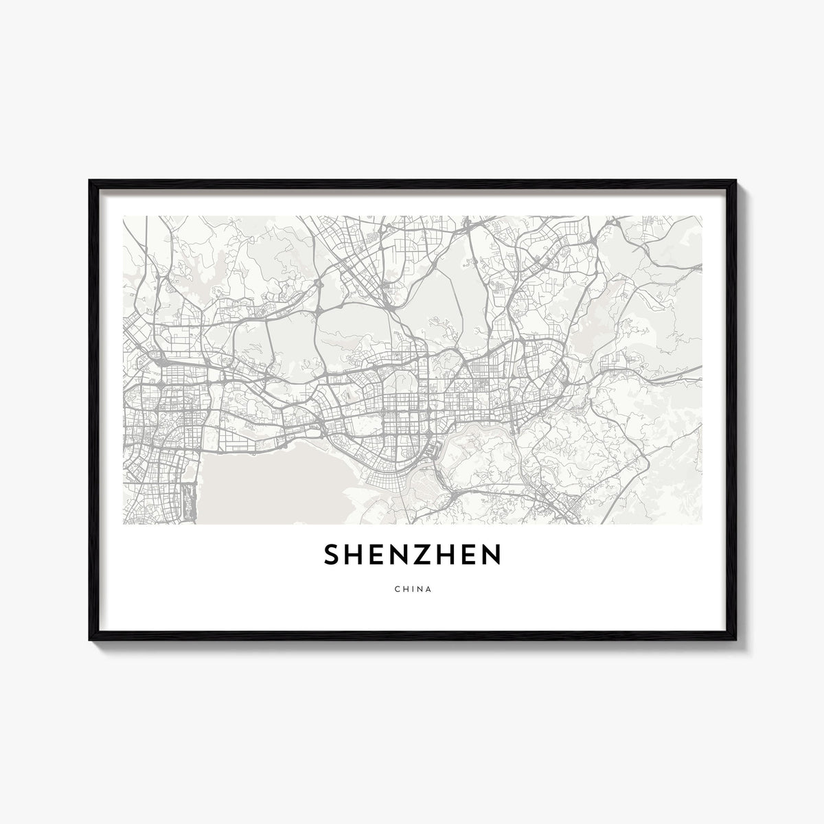 Shenzhen black & white map poster of China – horizontal wall art, unframed print shown in interior mockup