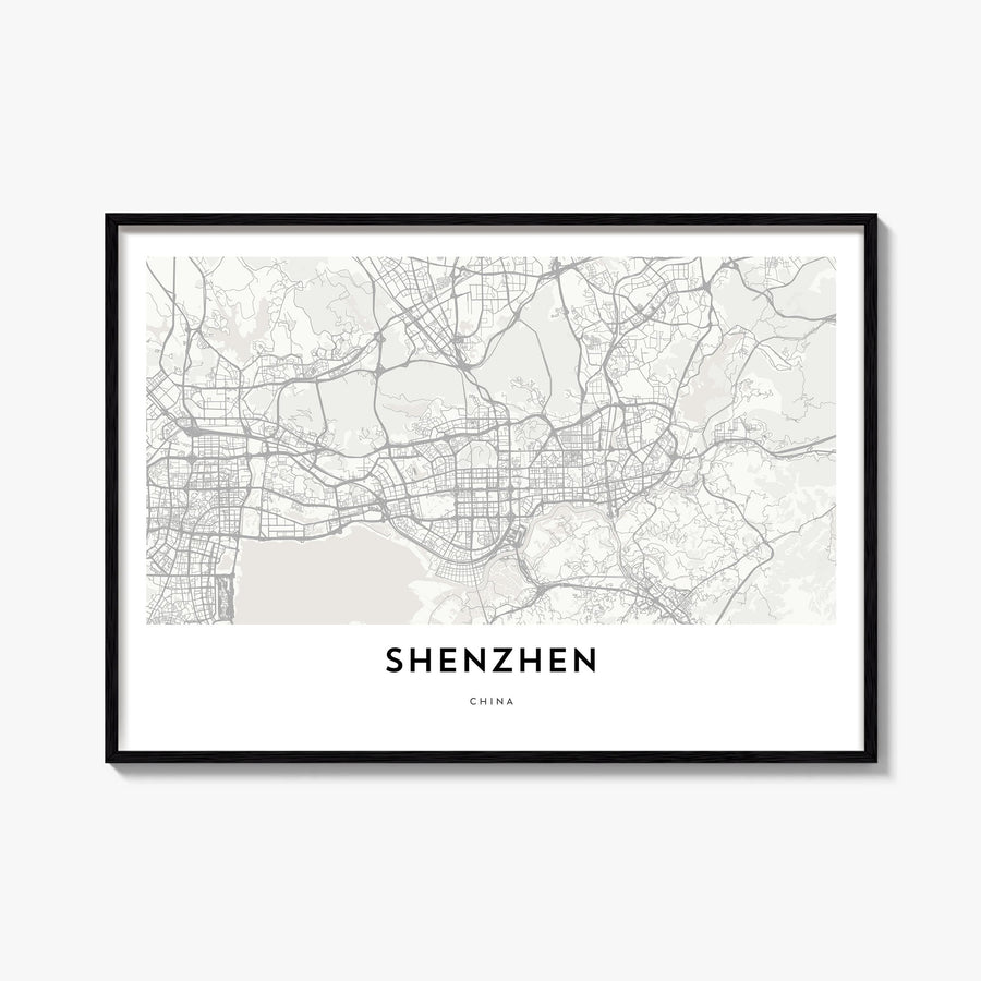 Shenzhen black & white map poster of China – horizontal wall art, unframed print shown in interior mockup