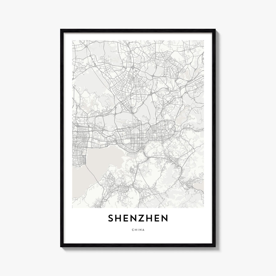 Shenzhen black & white map poster of China – vertical wall art, unframed print shown in interior mockup