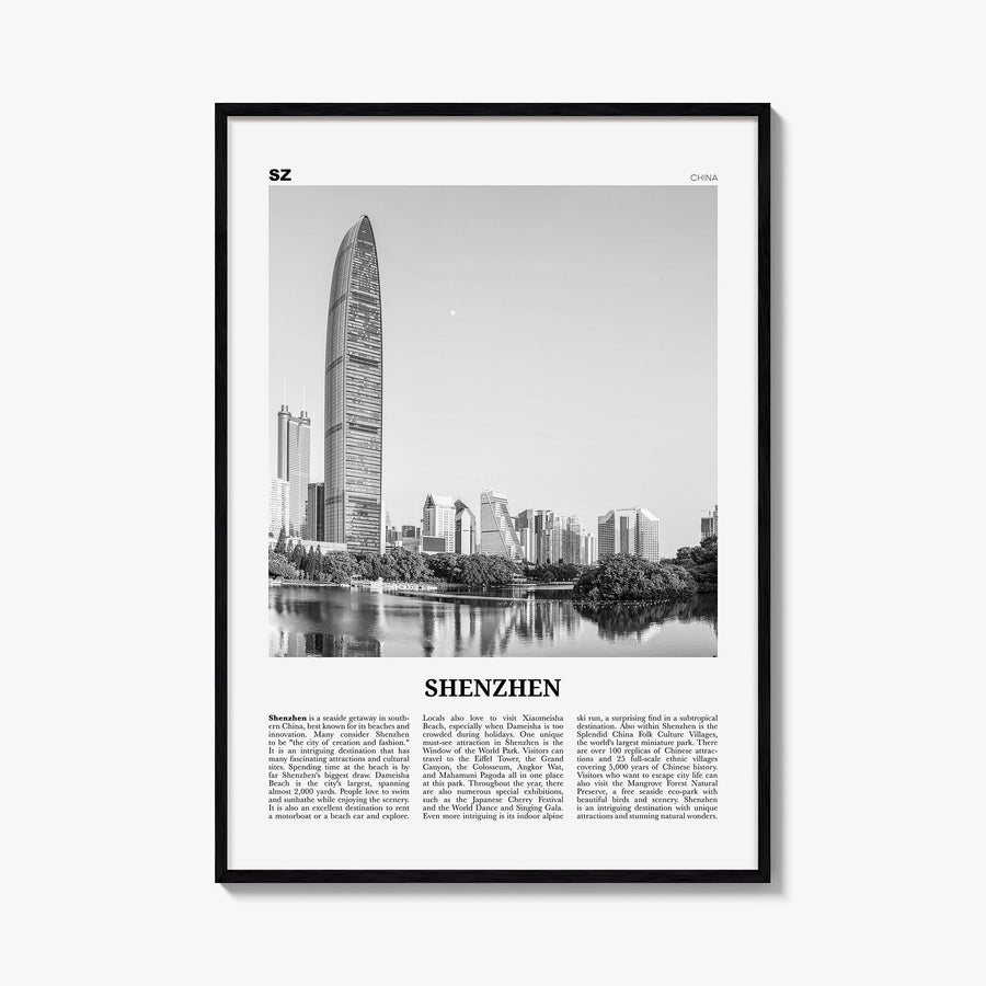 Shenzhen black & white newspaper poster of China – vertical wall art, unframed print shown in interior mockup
