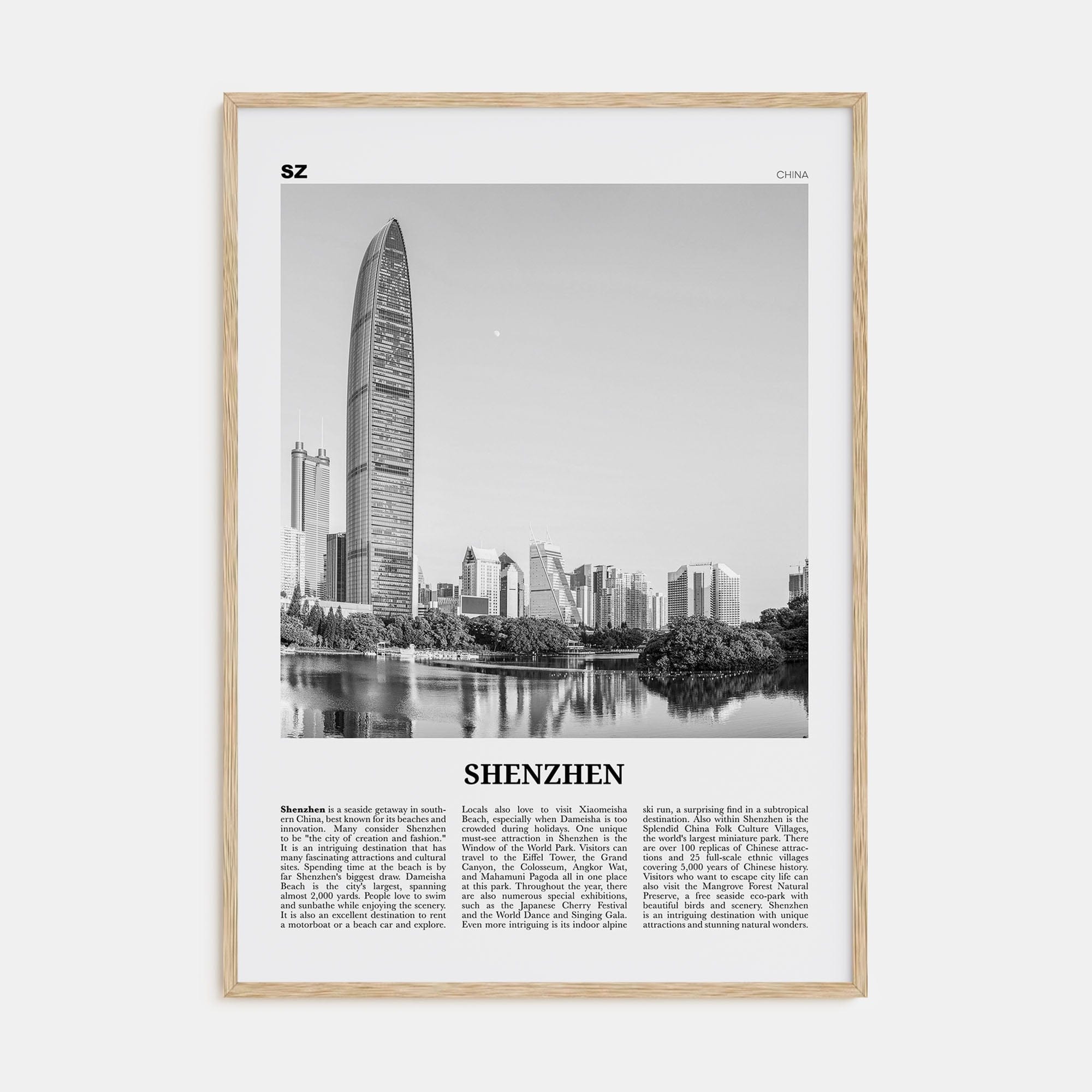 Shenzhen Poster Natural Wood / 8x12 in Nbourhood Travel B&W Poster