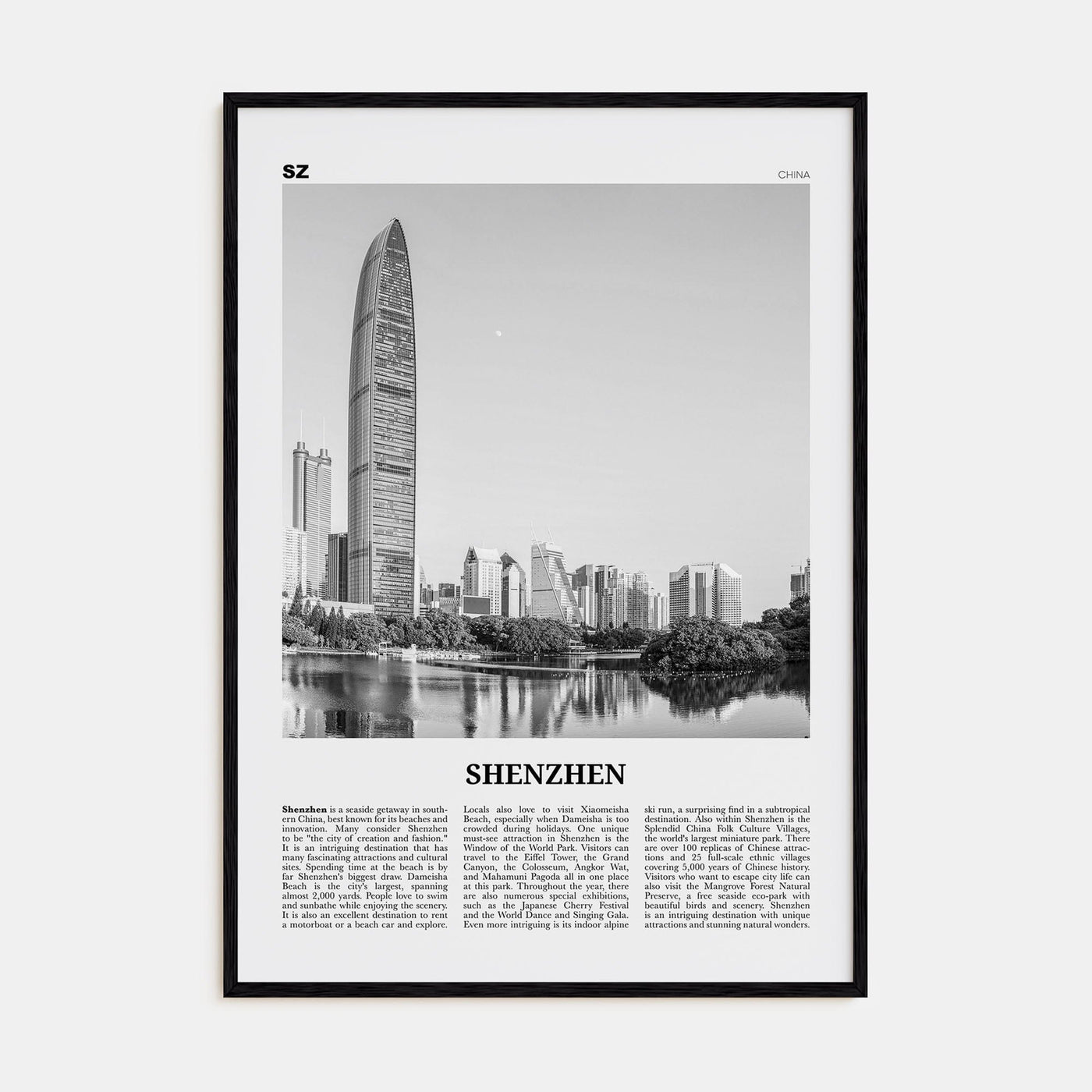 Shenzhen Poster Black Wood / 8x12 in Nbourhood Travel B&W Poster