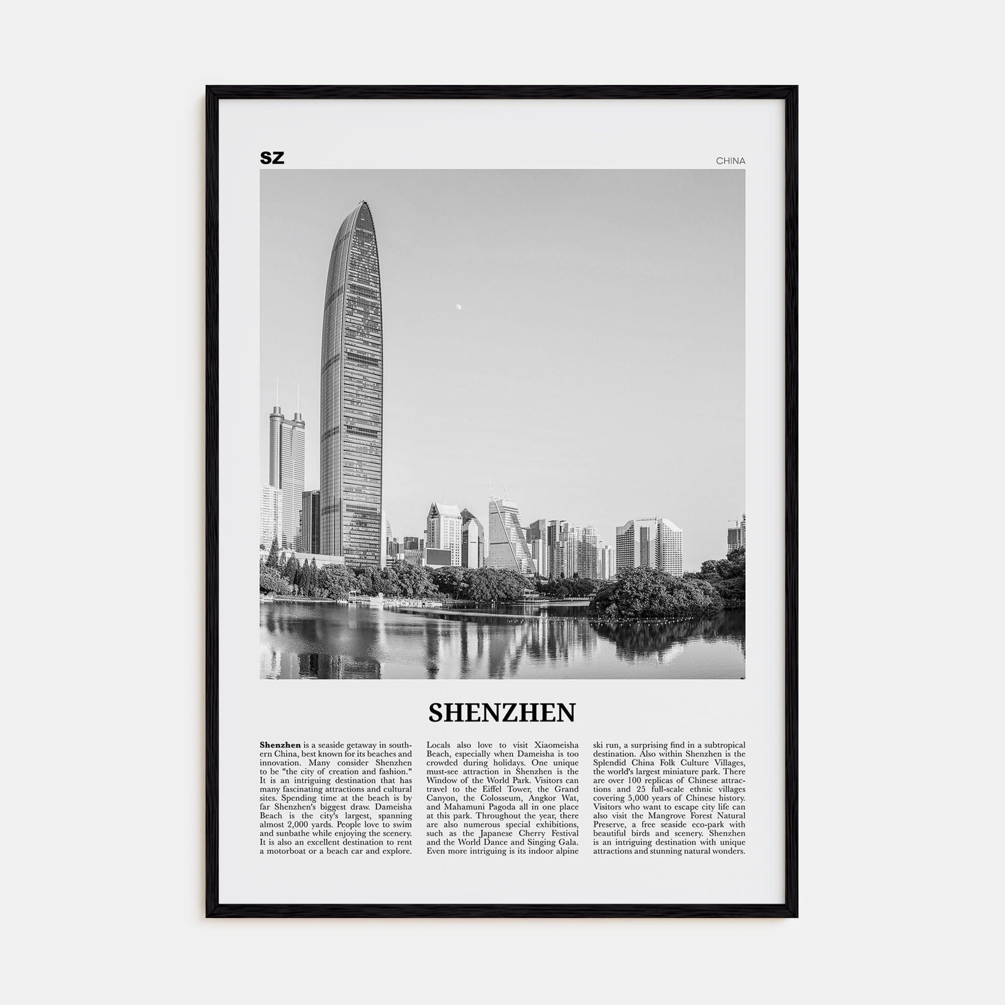 Shenzhen Poster Black Wood / 8x12 in Nbourhood Travel B&W Poster