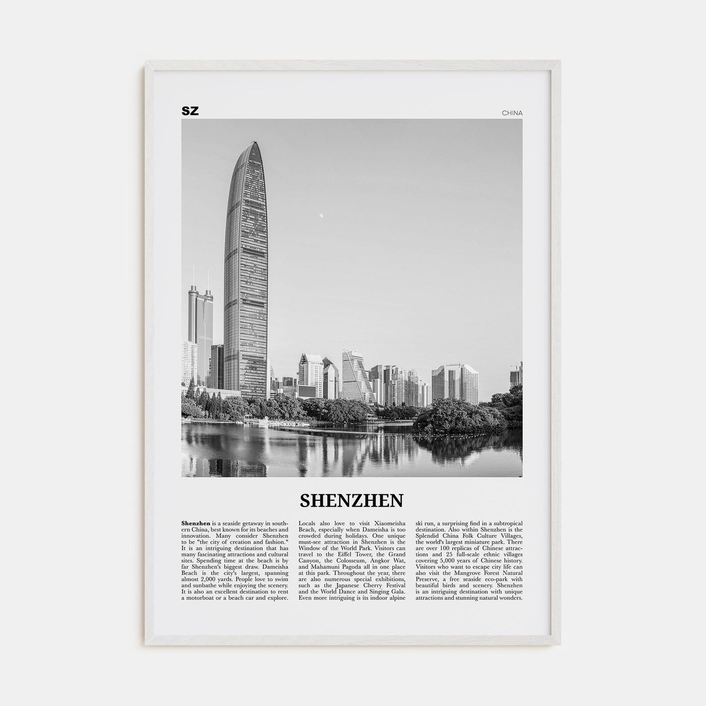Shenzhen Poster White Wood / 8x12 in Nbourhood Travel B&W Poster