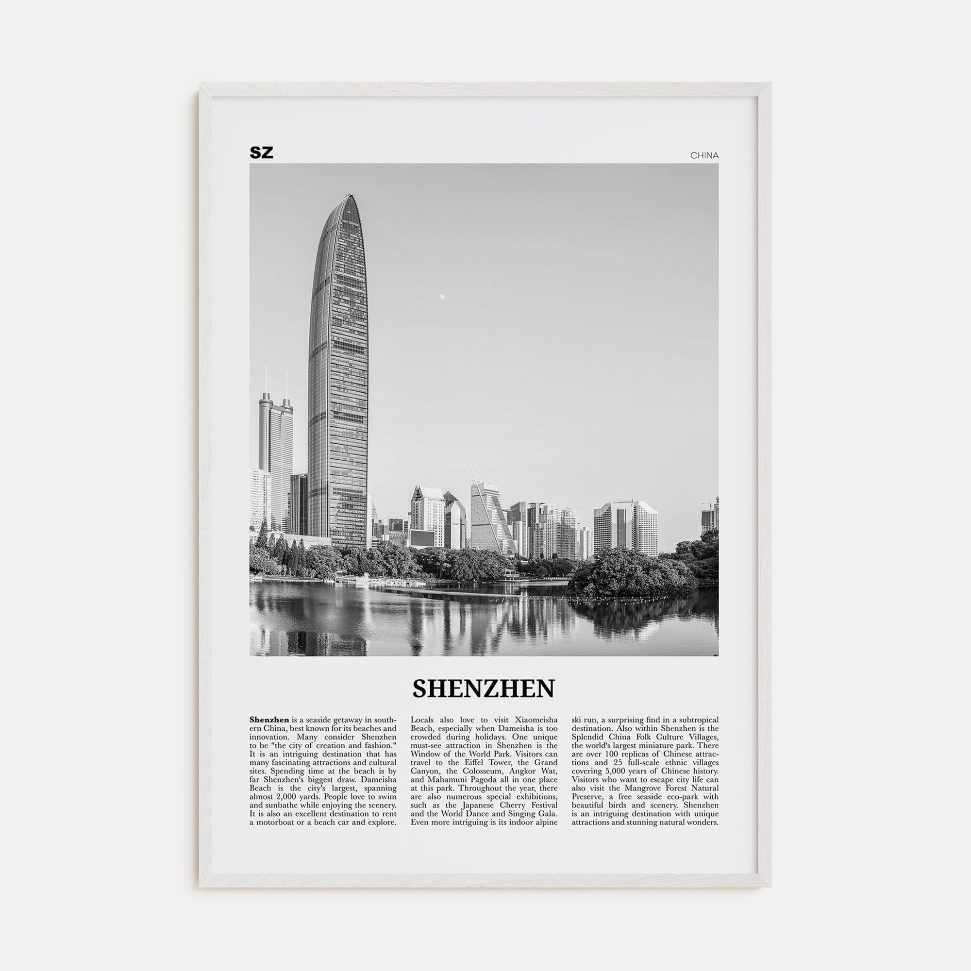 Shenzhen Poster White Wood / 8x12 in Nbourhood Travel B&W Poster