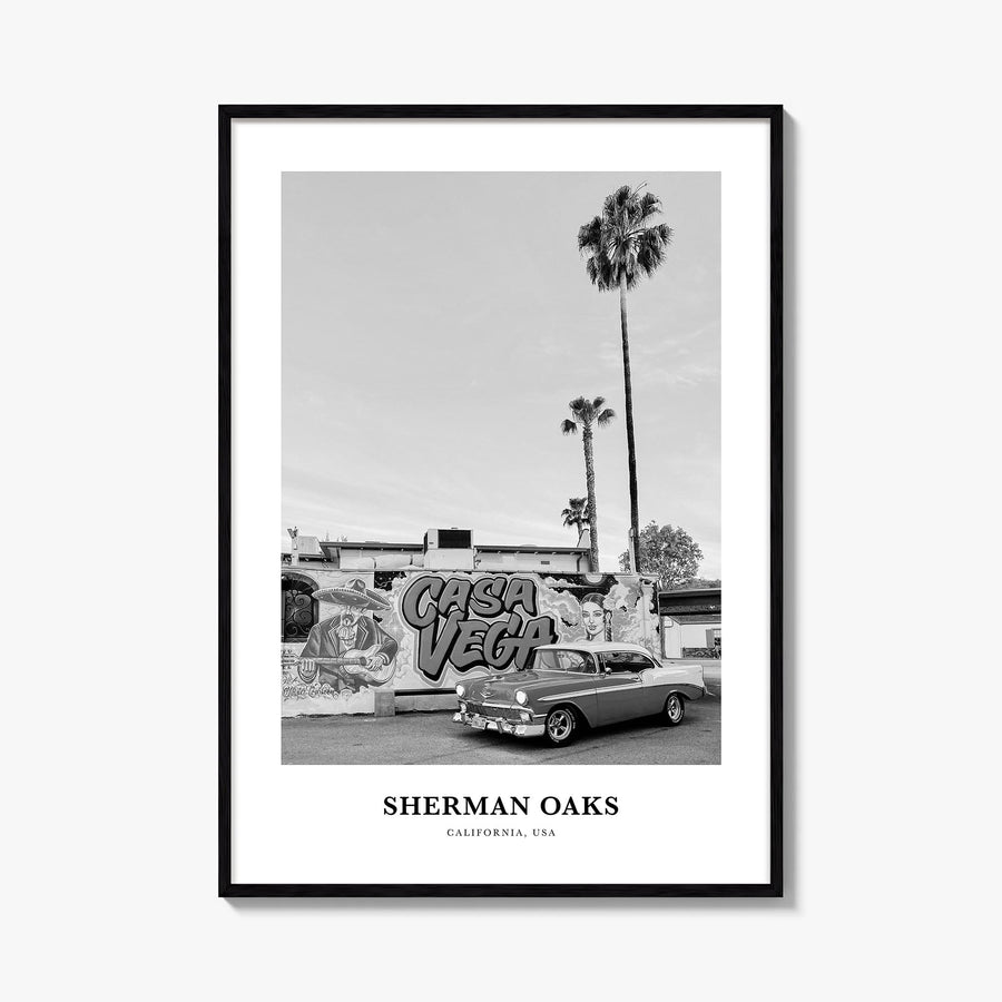 Sherman Oaks black & white classic poster of Los Angeles, California – vertical wall art, unframed print shown in interior mo
