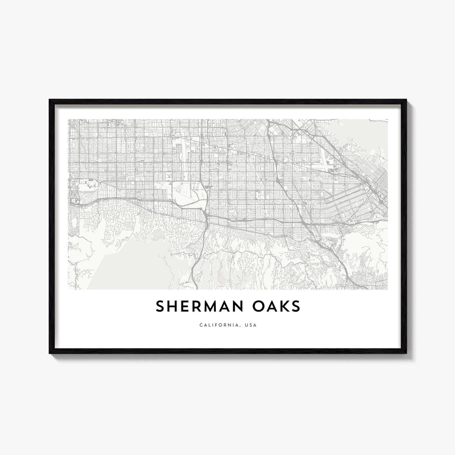 Sherman Oaks black & white map poster of Los Angeles, California – horizontal wall art, unframed print shown in interior mock