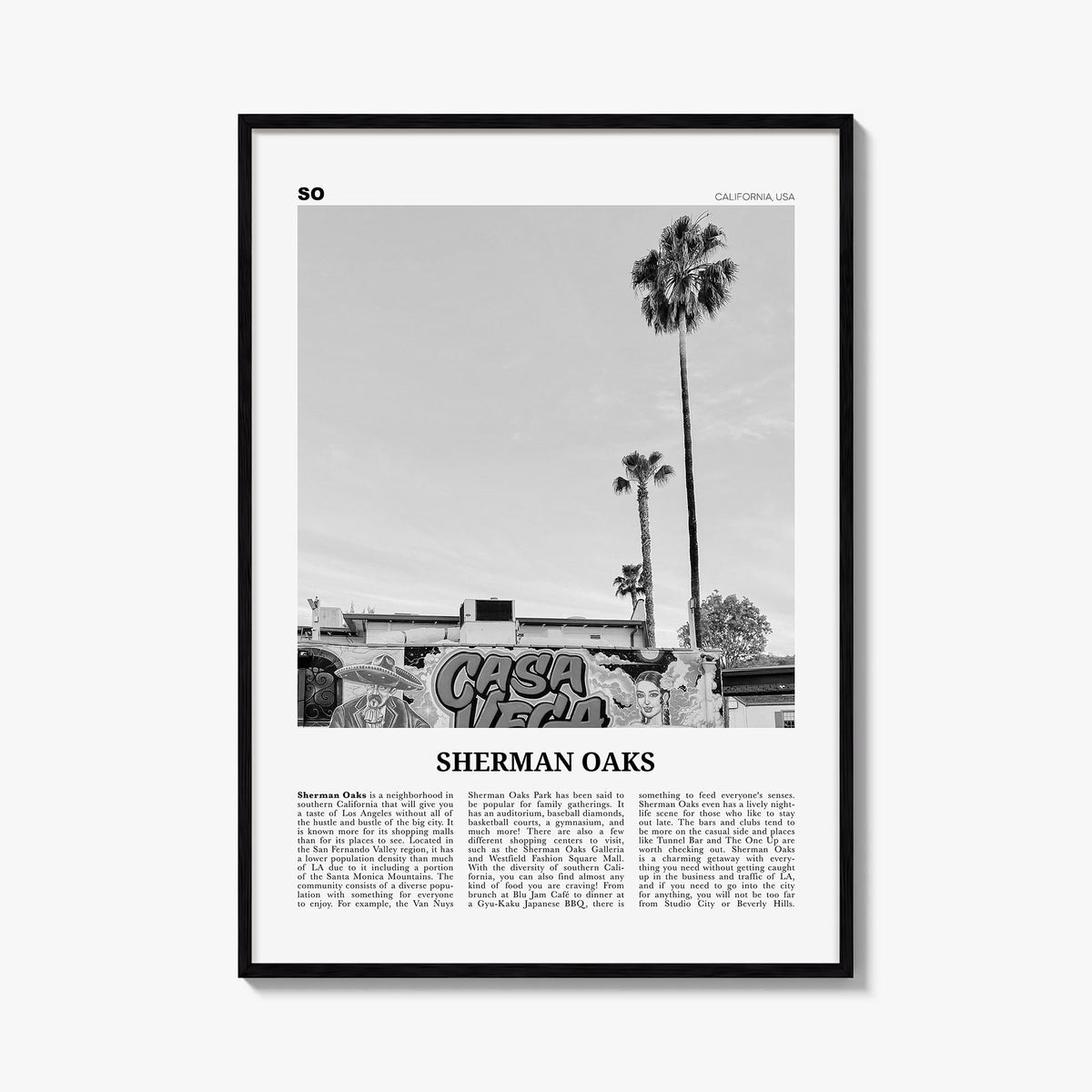 Sherman Oaks black & white newspaper poster of Los Angeles, California – vertical wall art, unframed print shown in interior 