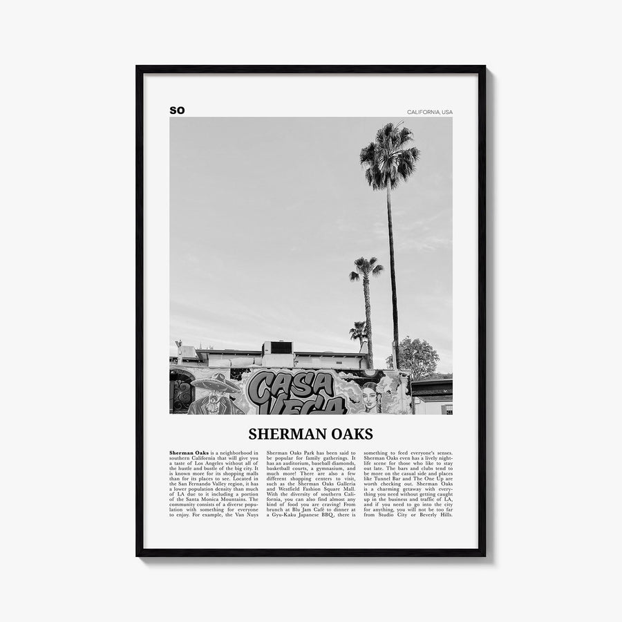 Sherman Oaks black & white newspaper poster of Los Angeles, California – vertical wall art, unframed print shown in interior 
