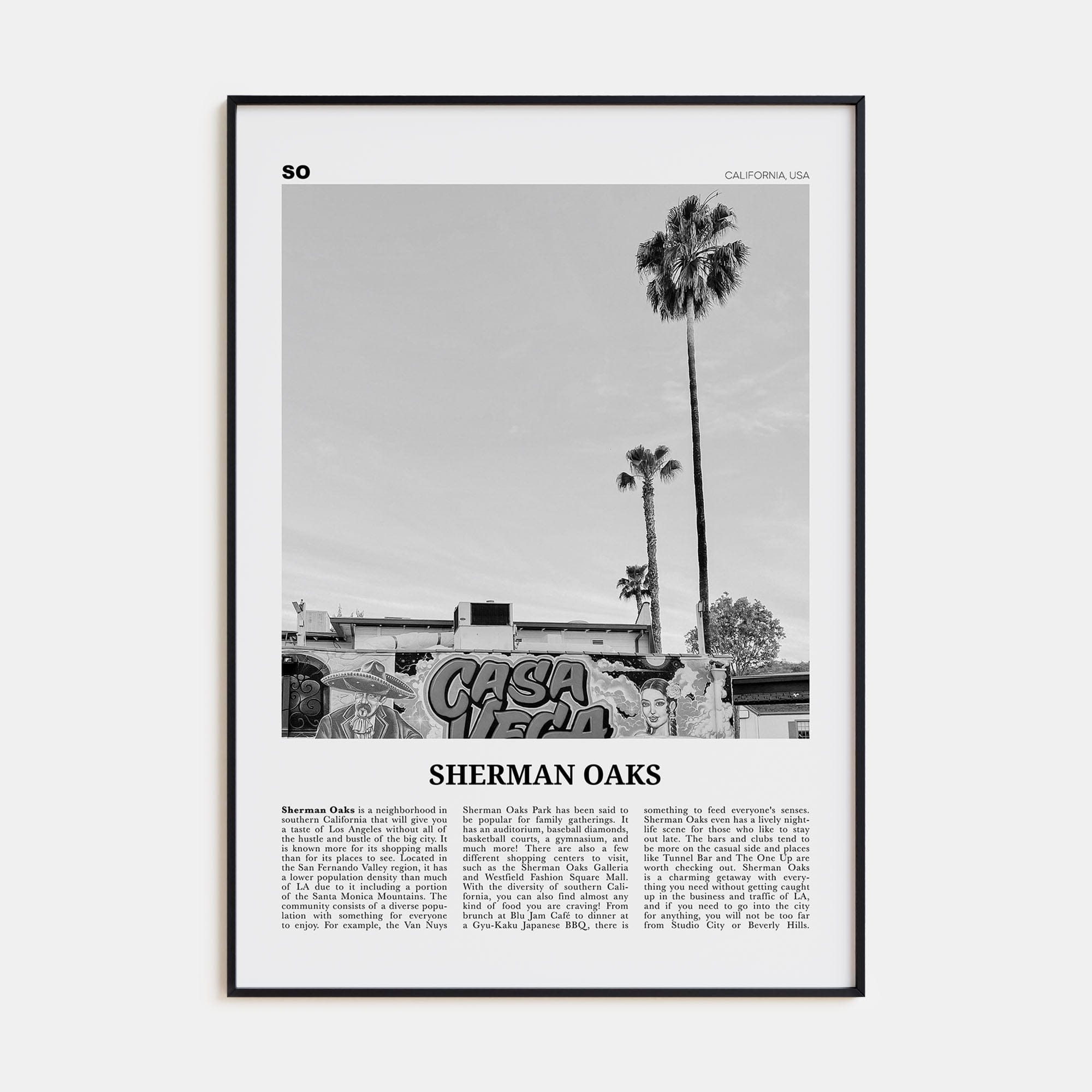 Sherman Oaks Poster Black Metal / 8x12 in Nbourhood Travel B&W Poster