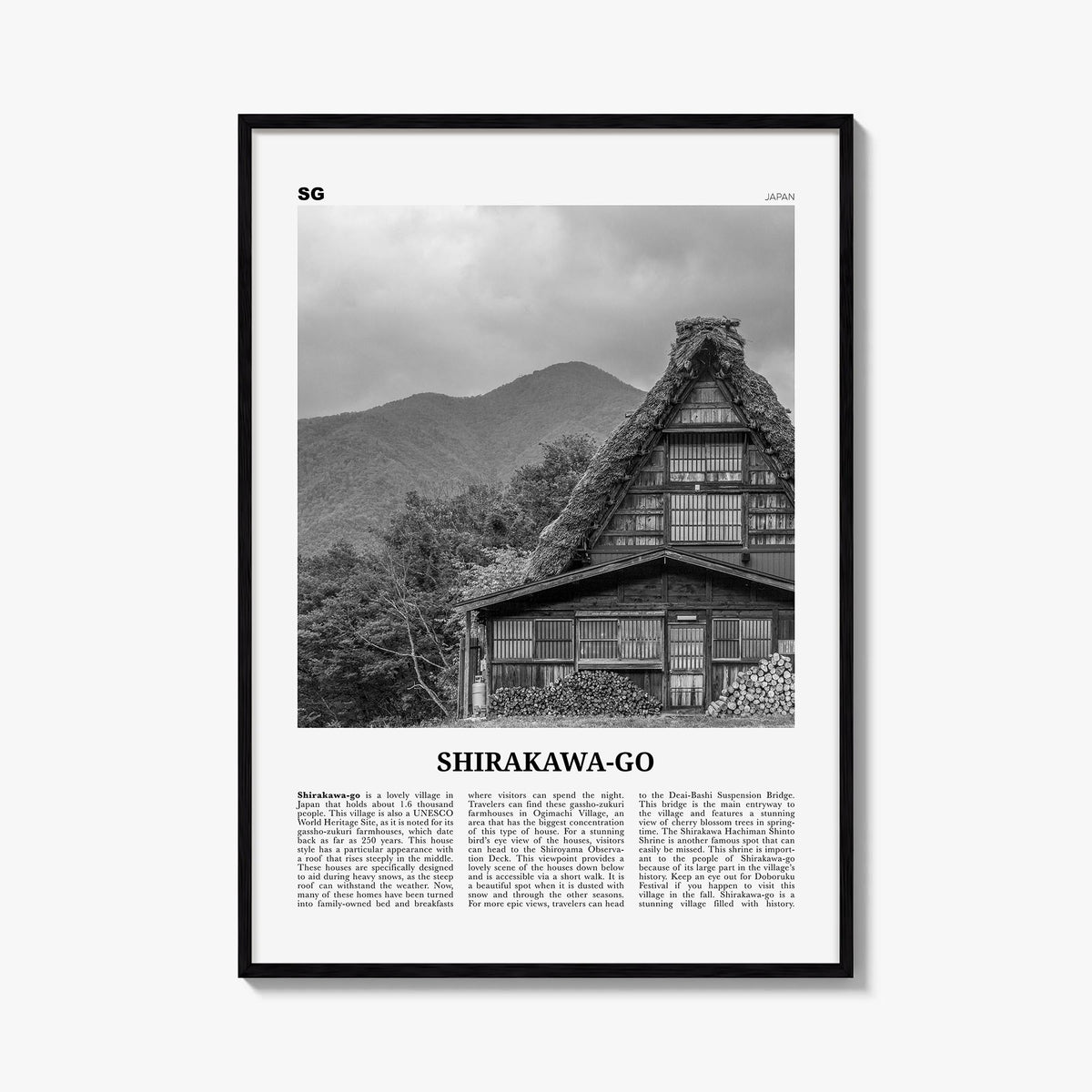 Shirakawa-go black & white newspaper poster of Japan – vertical wall art, unframed print shown in interior mockup