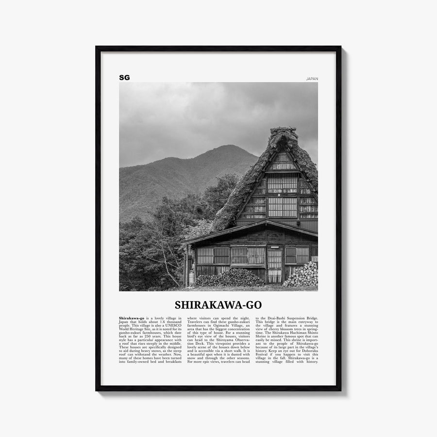 Shirakawa-go black & white newspaper poster of Japan – vertical wall art, unframed print shown in interior mockup