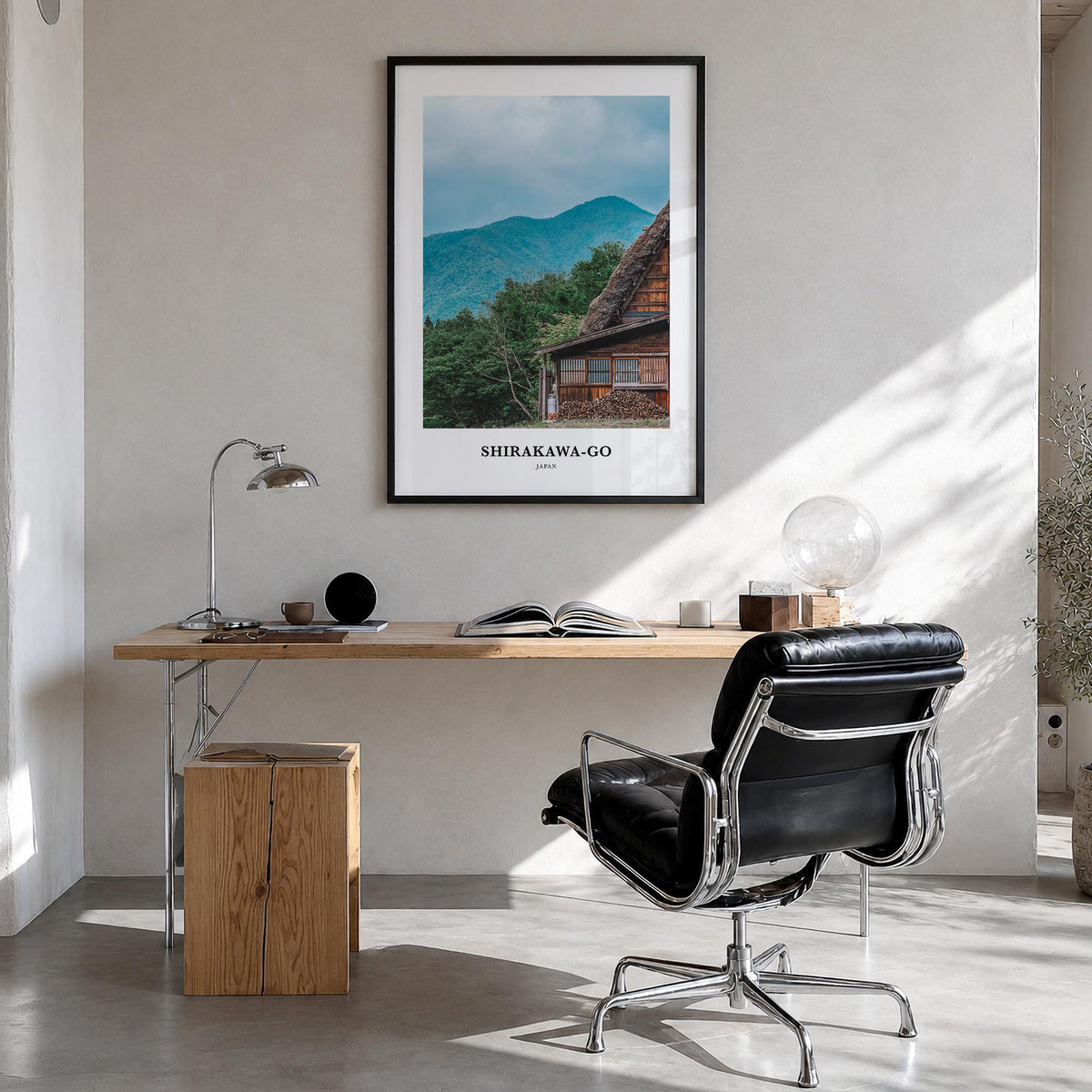 Shirakawa-go colorful classic poster of Japan – vertical wall art in black wood frame, hanging on wall