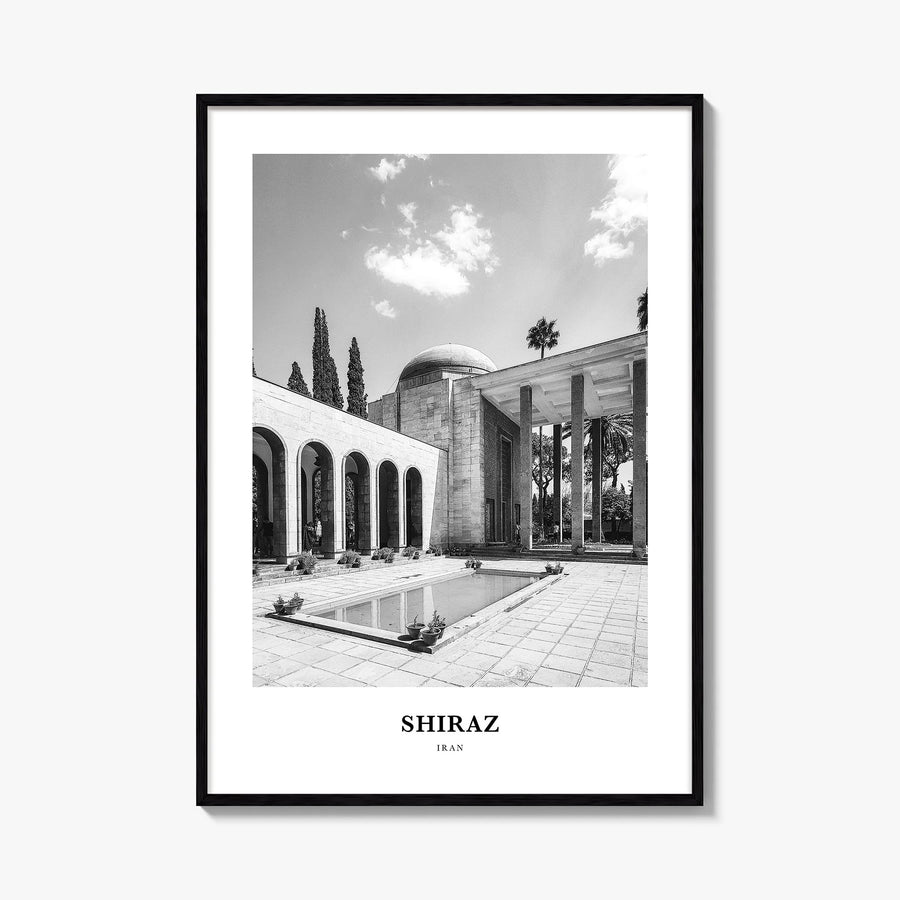 Shiraz black & white classic poster of Iran – vertical wall art, unframed print shown in interior mockup