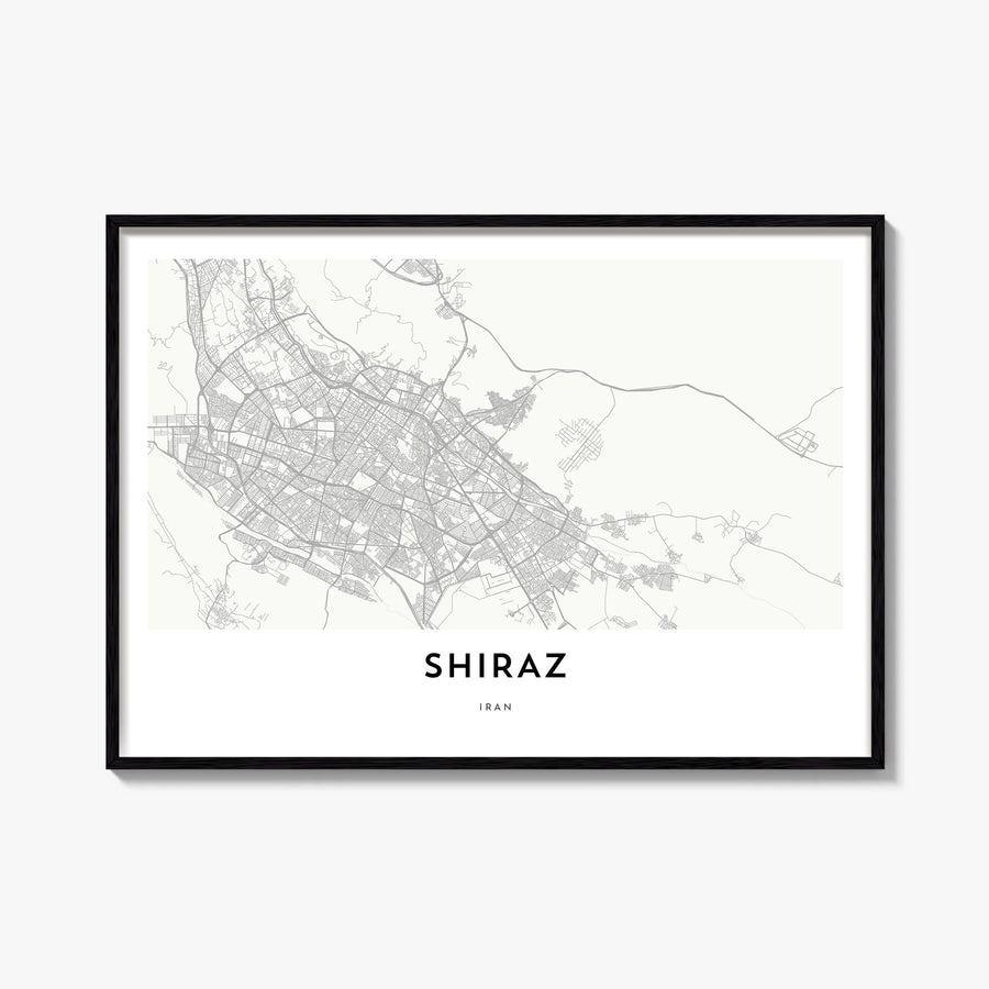 Shiraz black & white map poster of Iran – horizontal wall art, unframed print shown in interior mockup