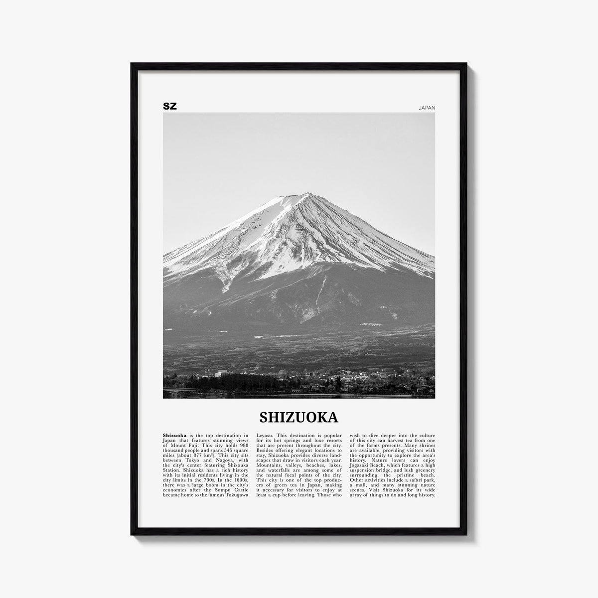 Shizuoka black & white newspaper poster of Japan – vertical wall art, unframed print shown in interior mockup