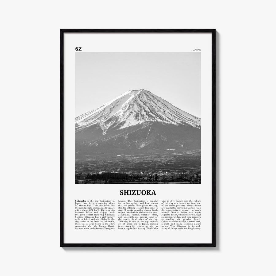 Shizuoka black & white newspaper poster of Japan – vertical wall art, unframed print shown in interior mockup
