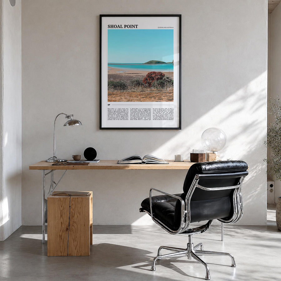Shoal Point colorful travel poster of Australia – vertical wall art in black wood frame, hanging on wall