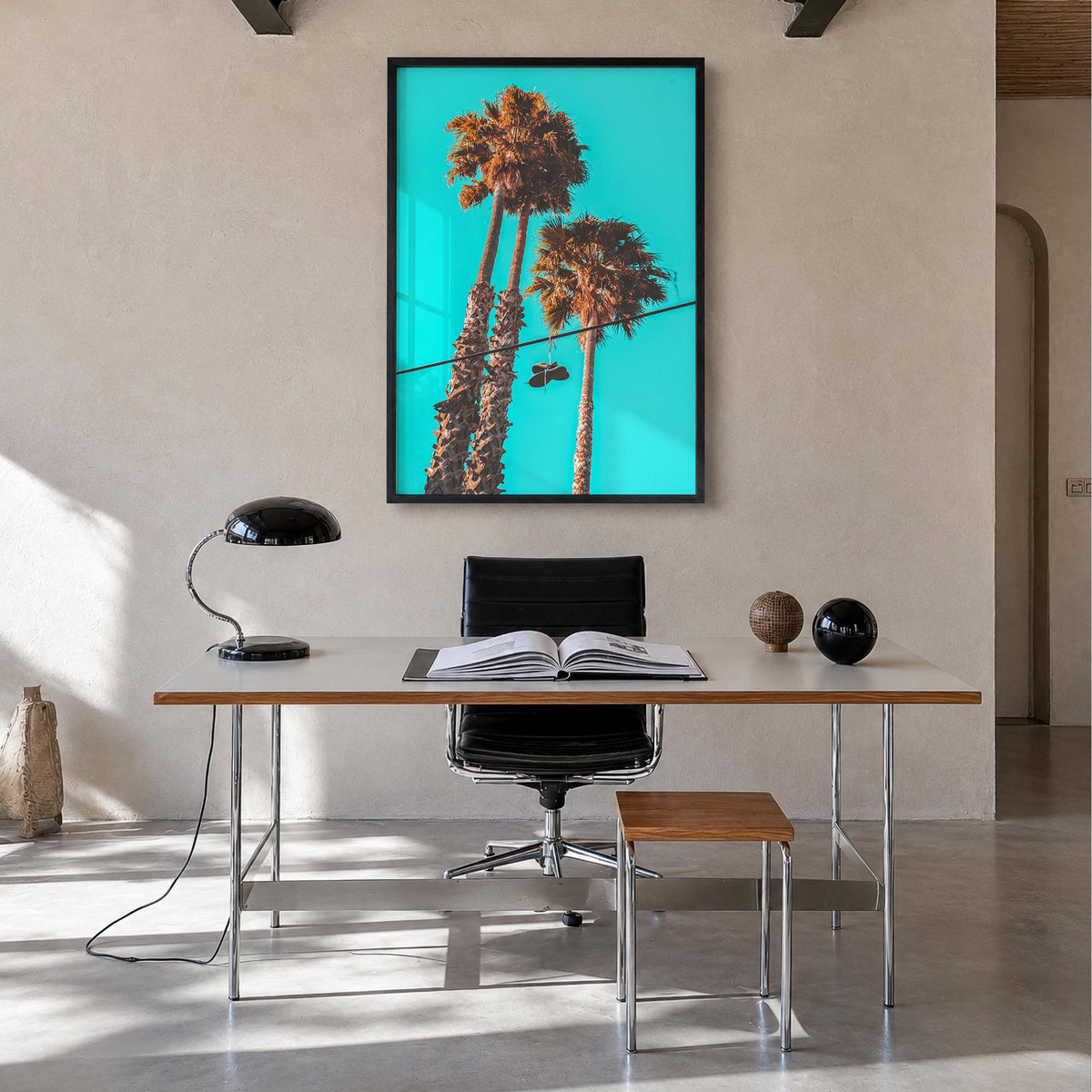 Shoes Hanging colorful photo poster – vertical wall art in black wood frame, hanging on wall