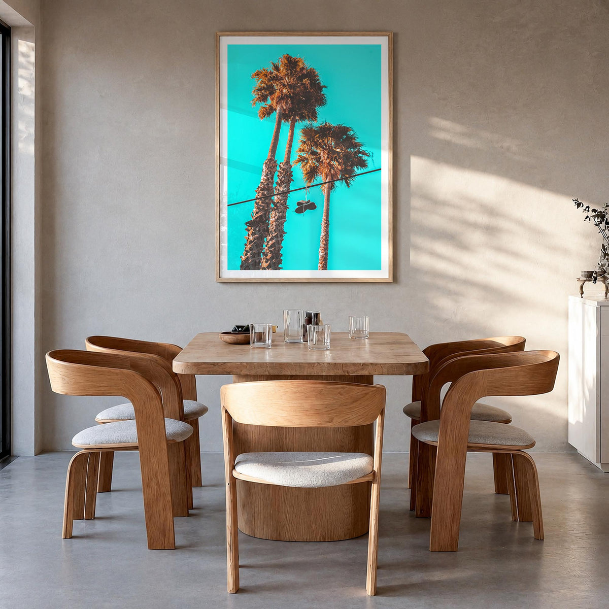 Shoes Hanging colorful photo poster – vertical wall art in natural wood frame with white border, hanging on wall