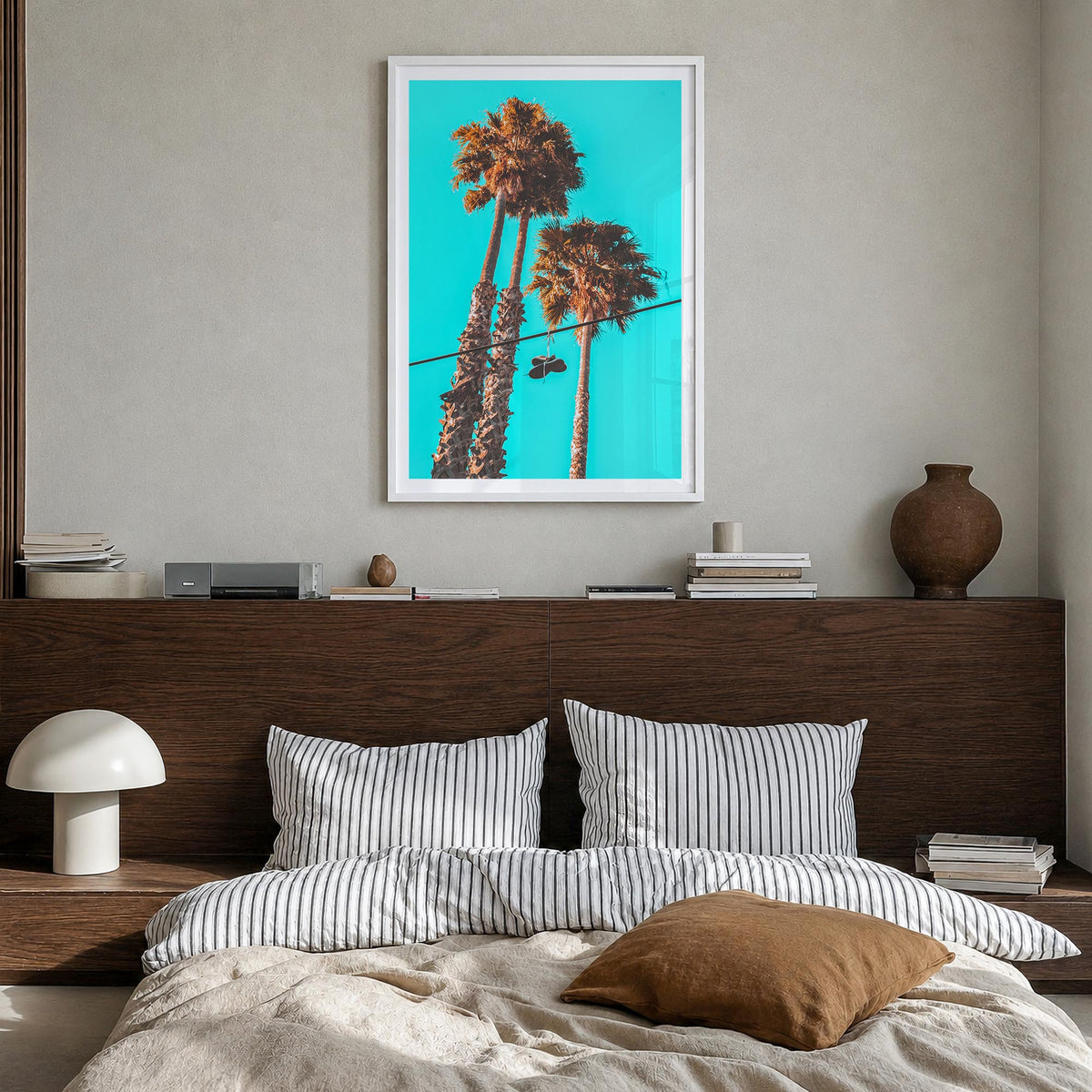Shoes Hanging colorful photo poster – vertical wall art in white wood frame with white border, hanging on wall