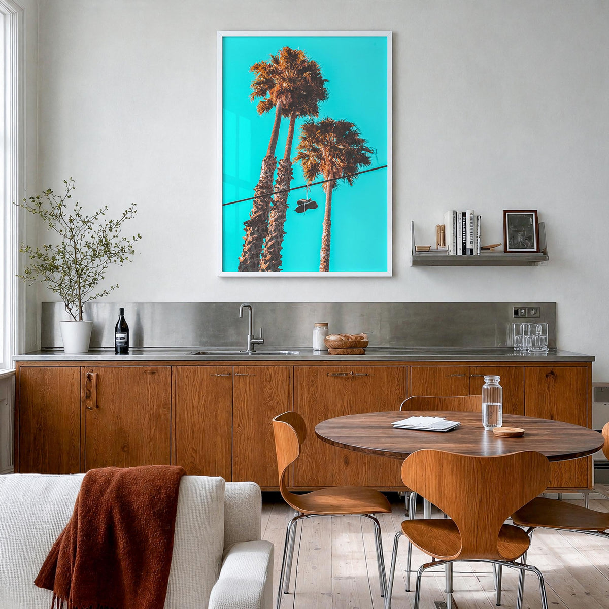 Shoes Hanging colorful photo poster – vertical wall art in white wood frame, hanging on wall