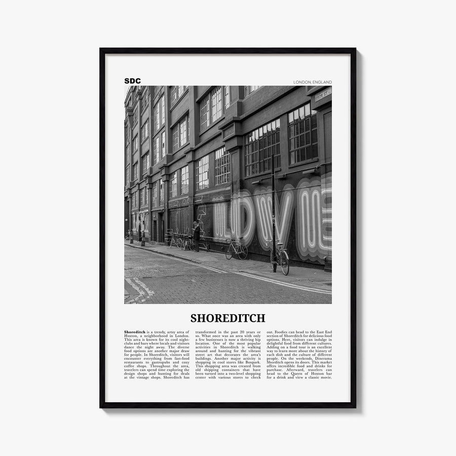 Shoreditch black & white newspaper poster of London, England – vertical wall art, unframed print shown in interior mockup