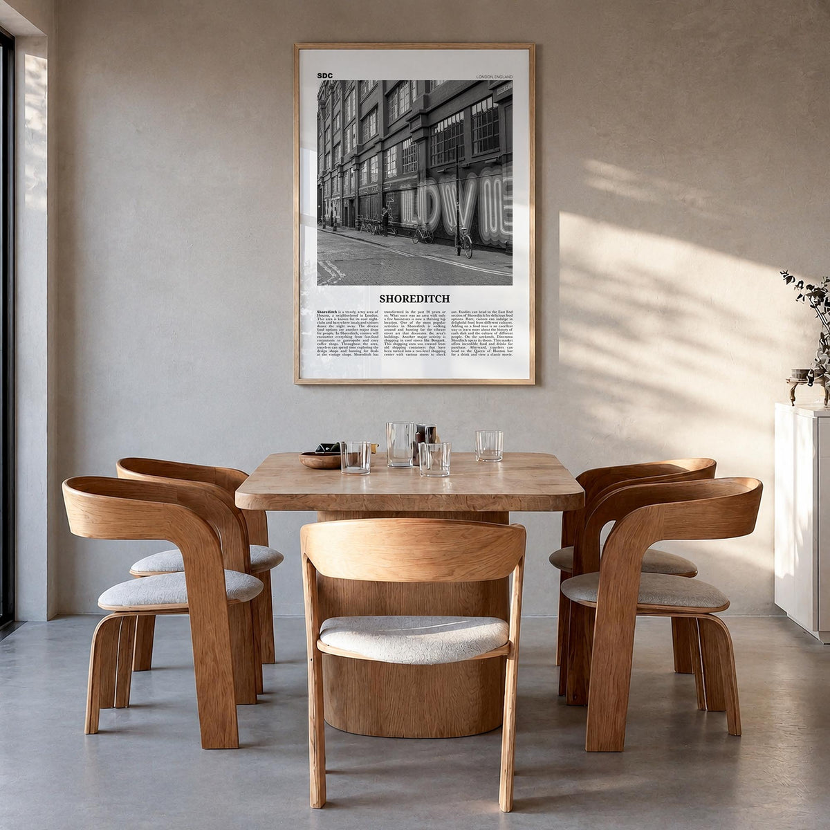 Shoreditch black & white newspaper poster of London, England – vertical wall art in natural wood frame, hanging on wall