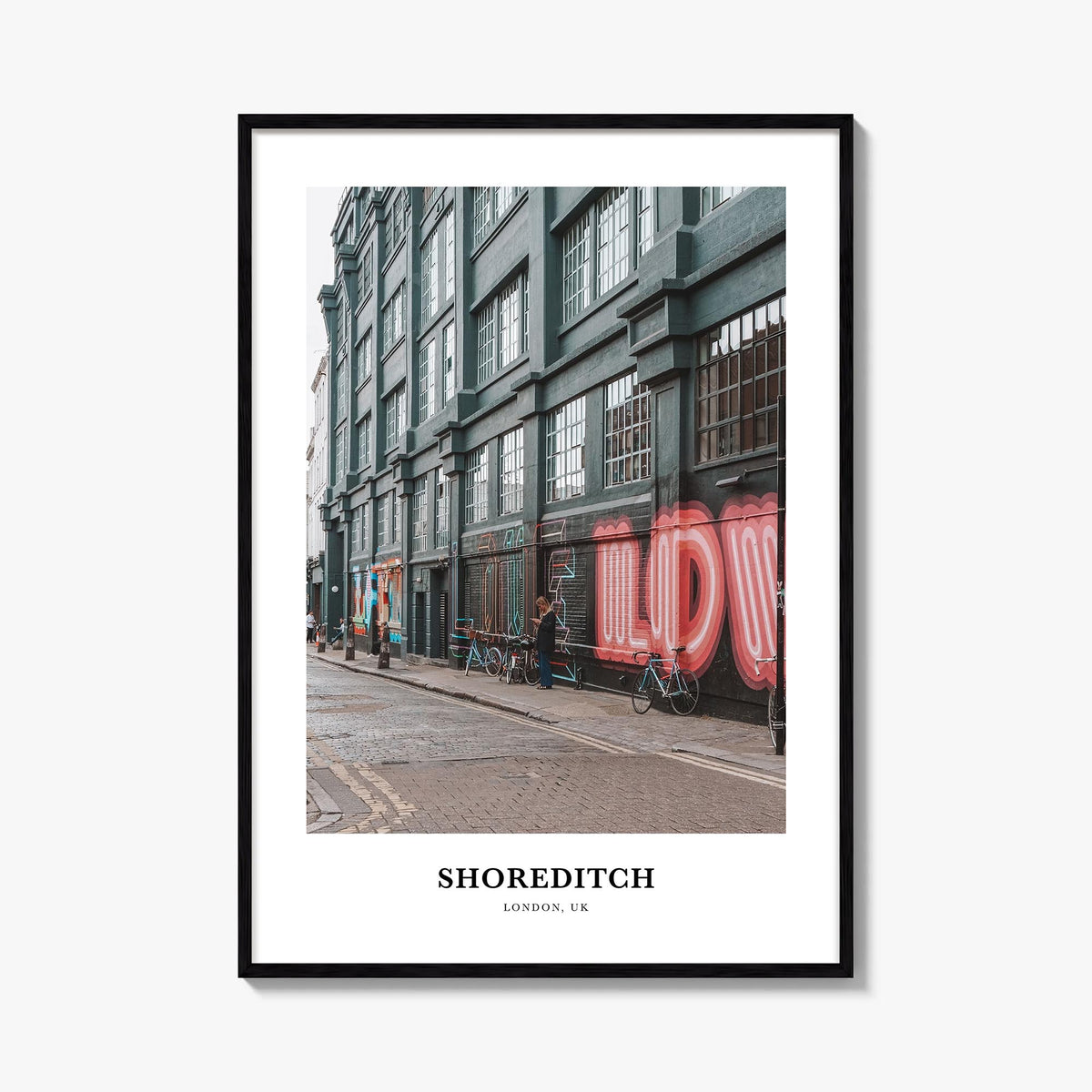 Shoreditch colorful classic poster of London, England – vertical wall art, unframed print shown in interior mockup