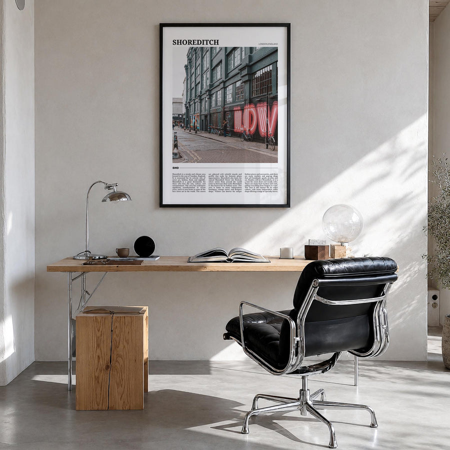 Shoreditch colorful travel poster of London, England – vertical wall art in black wood frame, hanging on wall