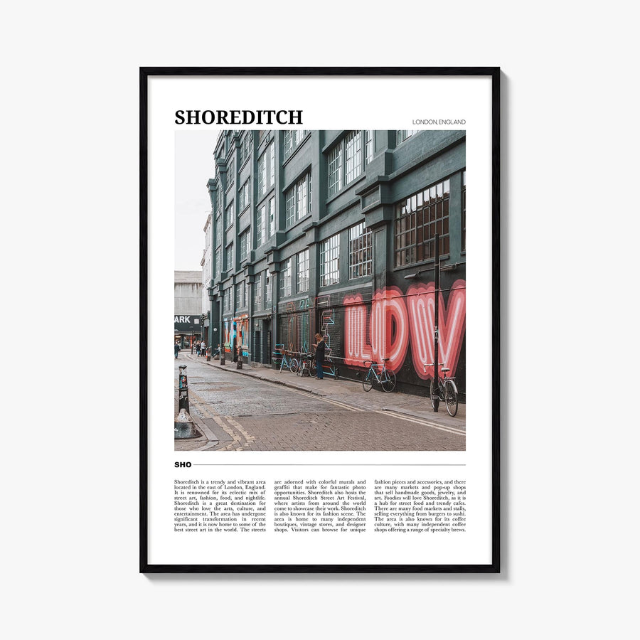 Shoreditch colorful travel poster of London, England – vertical wall art, unframed print shown in interior mockup