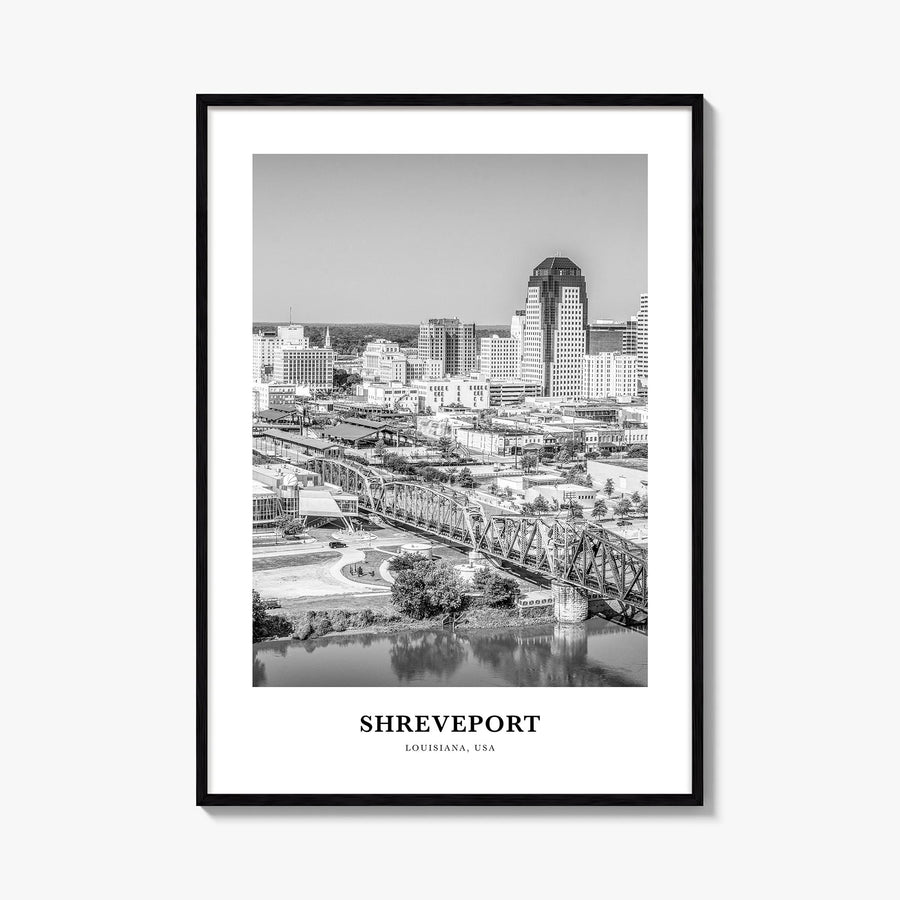 Shreveport black & white classic poster of Louisiana, USA – vertical wall art, unframed print shown in interior mockup