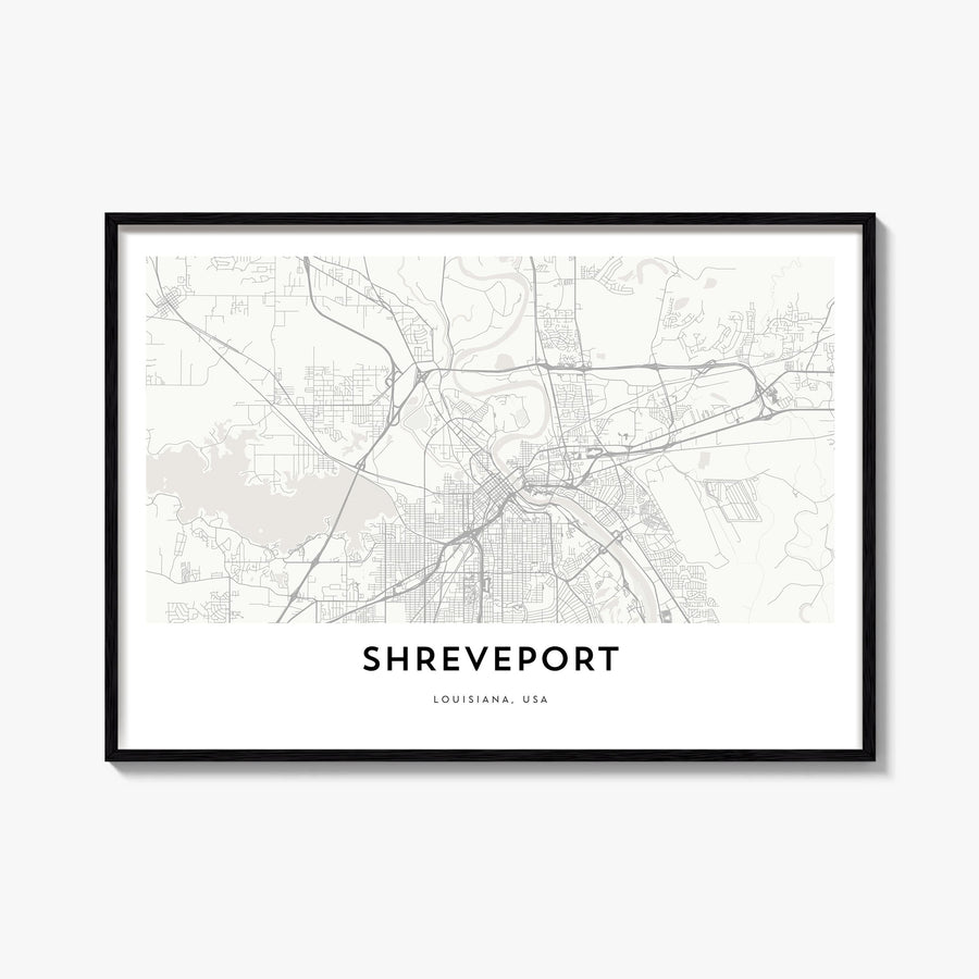 Shreveport black & white map poster of Louisiana, USA – horizontal wall art, unframed print shown in interior mockup