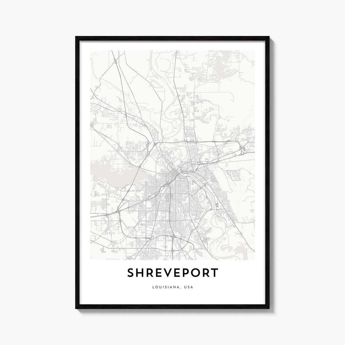 Shreveport black & white map poster of Louisiana, USA – vertical wall art, unframed print shown in interior mockup