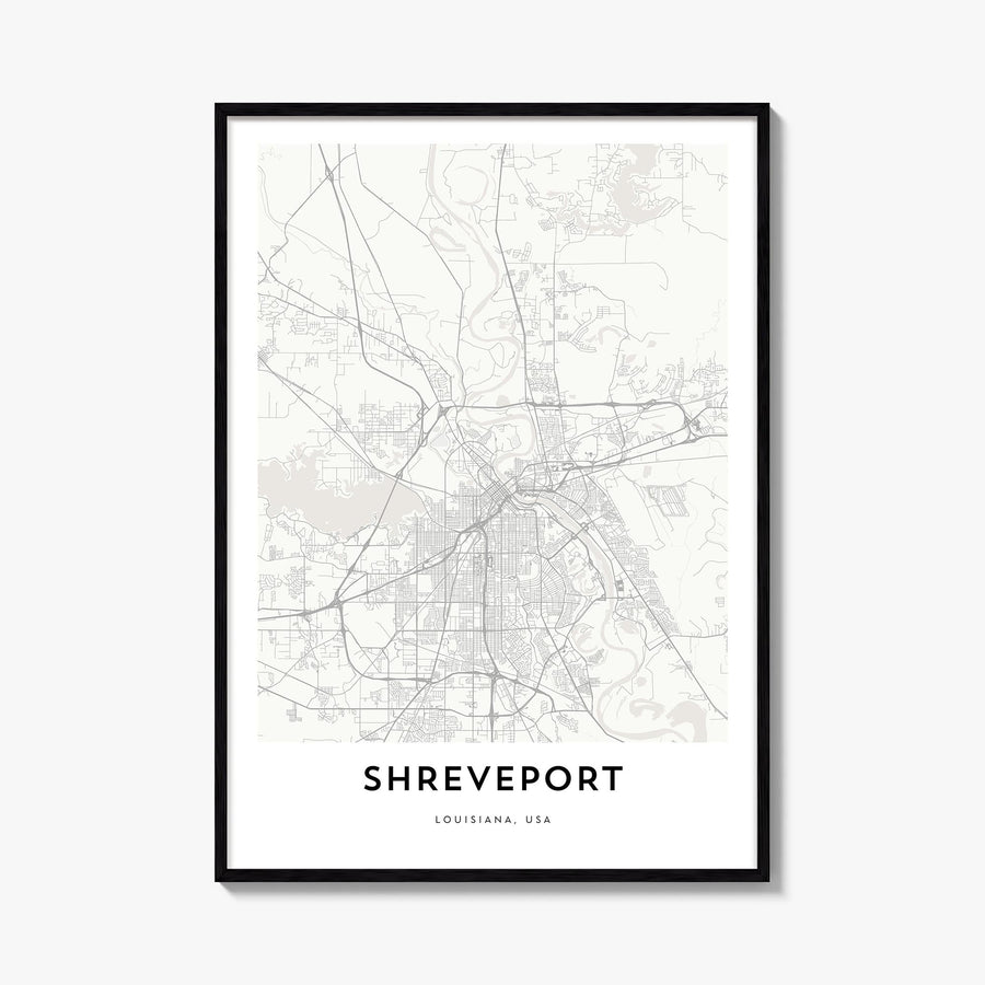 Shreveport black & white map poster of Louisiana, USA – vertical wall art, unframed print shown in interior mockup