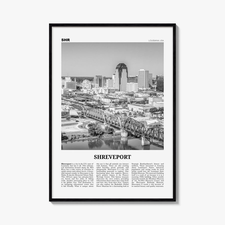 Shreveport black & white newspaper poster of Louisiana, USA – vertical wall art, unframed print shown in interior mockup