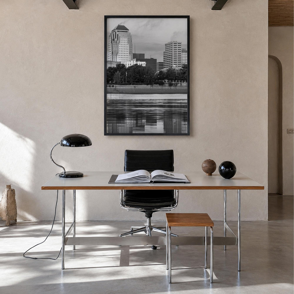 Shreveport black & white photo poster of Louisiana, USA – vertical wall art in black wood frame, hanging on wall