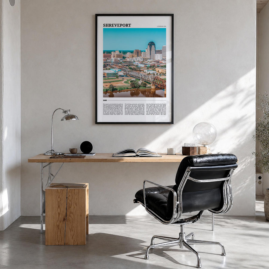 Shreveport colorful travel poster of Louisiana, USA – vertical wall art in black wood frame, hanging on wall