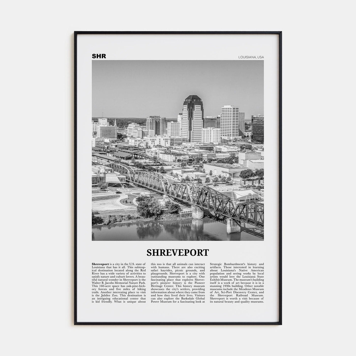 Shreveport Poster Black Metal / 8x12 in Nbourhood Travel B&W Poster