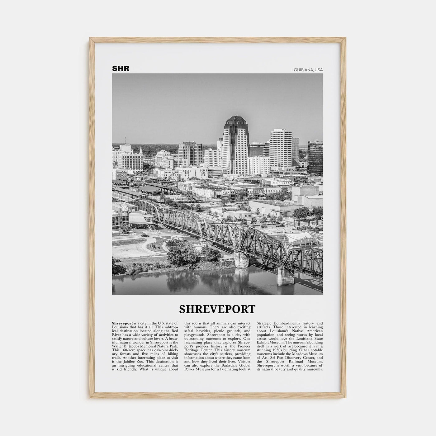 Shreveport Poster Natural Wood / 8x12 in Nbourhood Travel B&W Poster