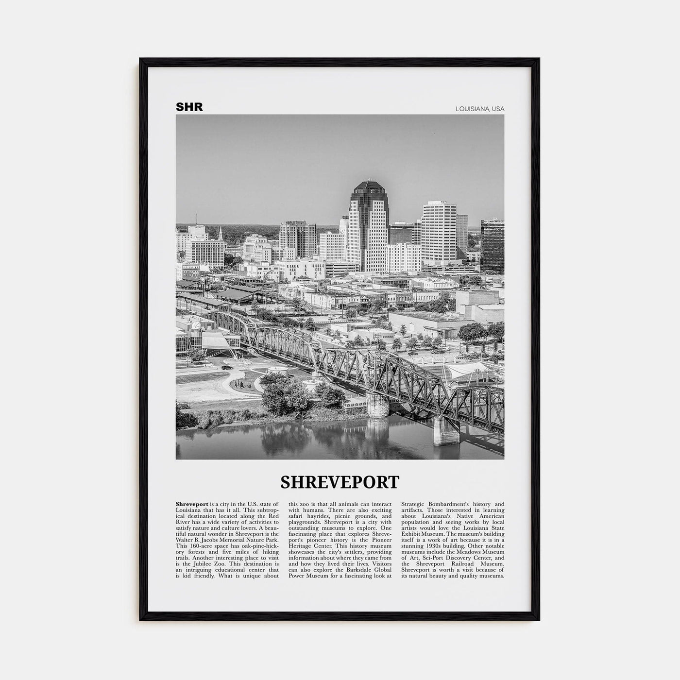 Shreveport Poster Black Wood / 8x12 in Nbourhood Travel B&W Poster