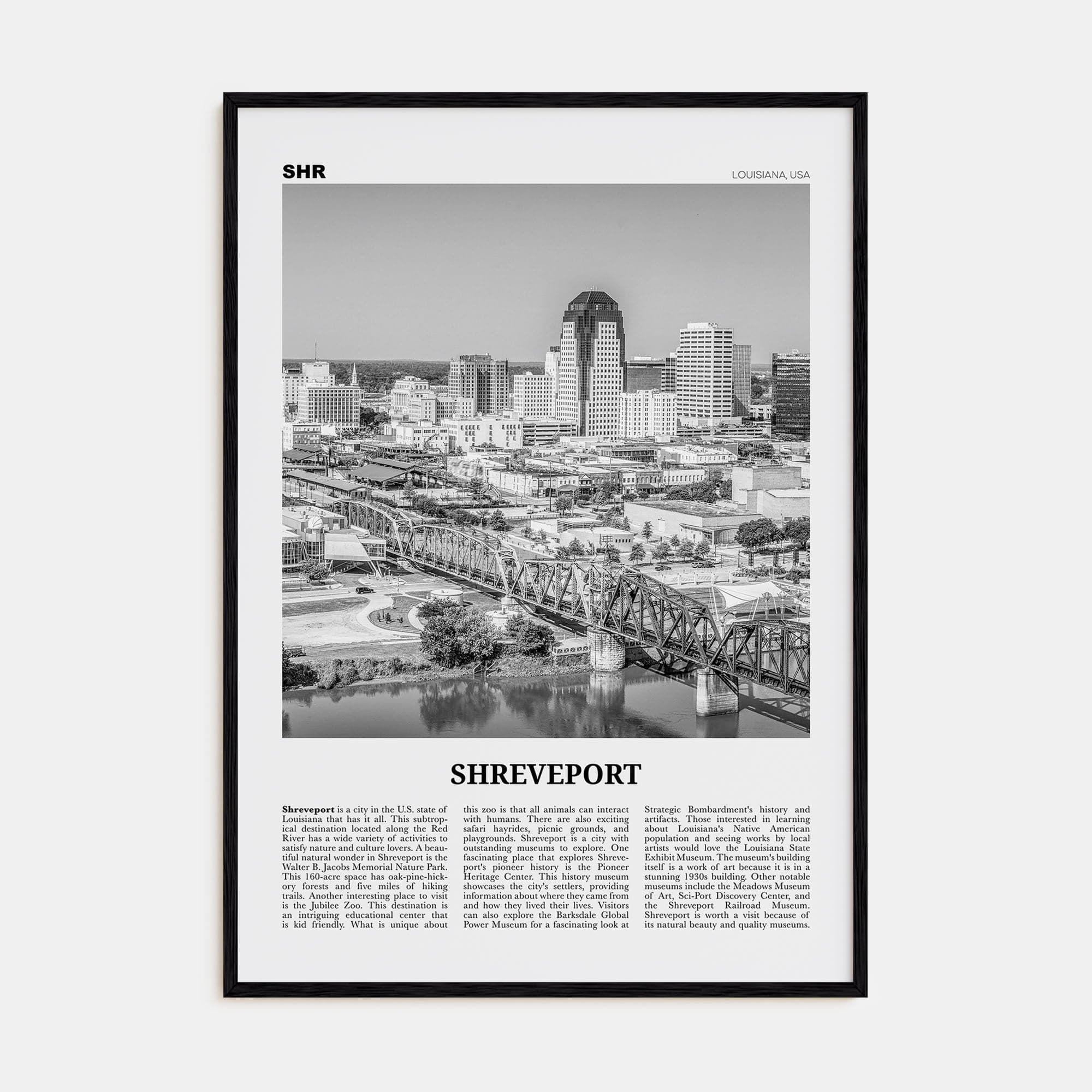 Shreveport Poster Black Wood / 8x12 in Nbourhood Travel B&W Poster