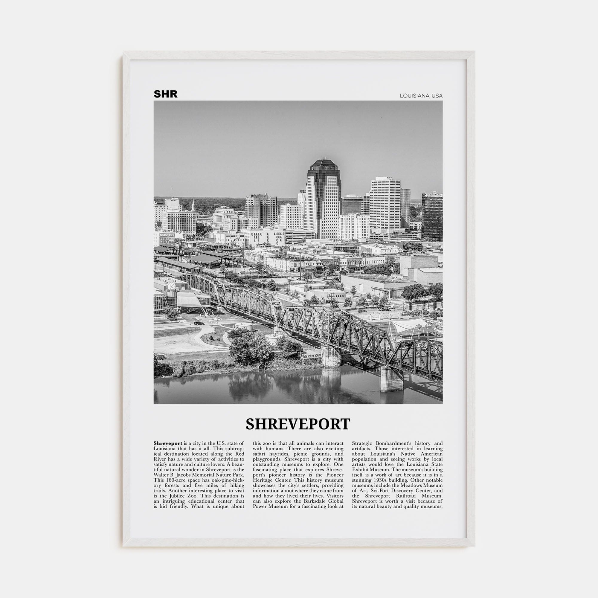 Shreveport Poster White Wood / 8x12 in Nbourhood Travel B&W Poster