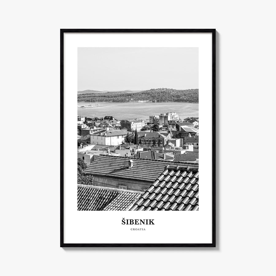 Šibenik black & white classic poster of Croatia – vertical wall art, unframed print shown in interior mockup