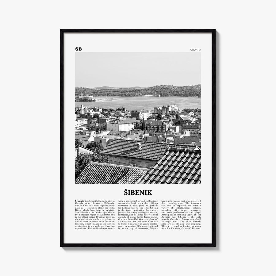 Šibenik black & white newspaper poster of Croatia – vertical wall art, unframed print shown in interior mockup