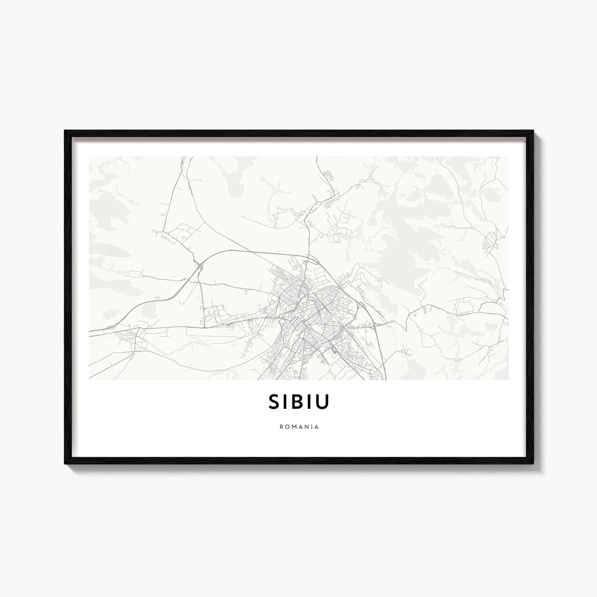 Sibiu black & white map poster of Romania – horizontal wall art, unframed print shown in interior mockup