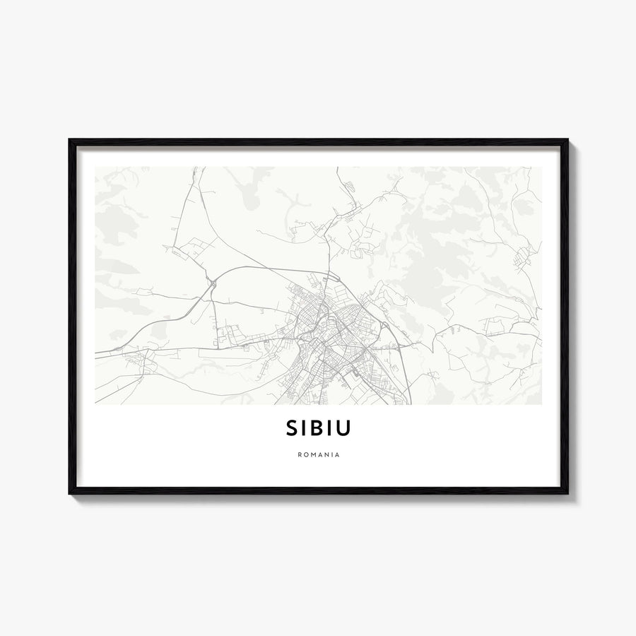 Sibiu black & white map poster of Romania – horizontal wall art, unframed print shown in interior mockup