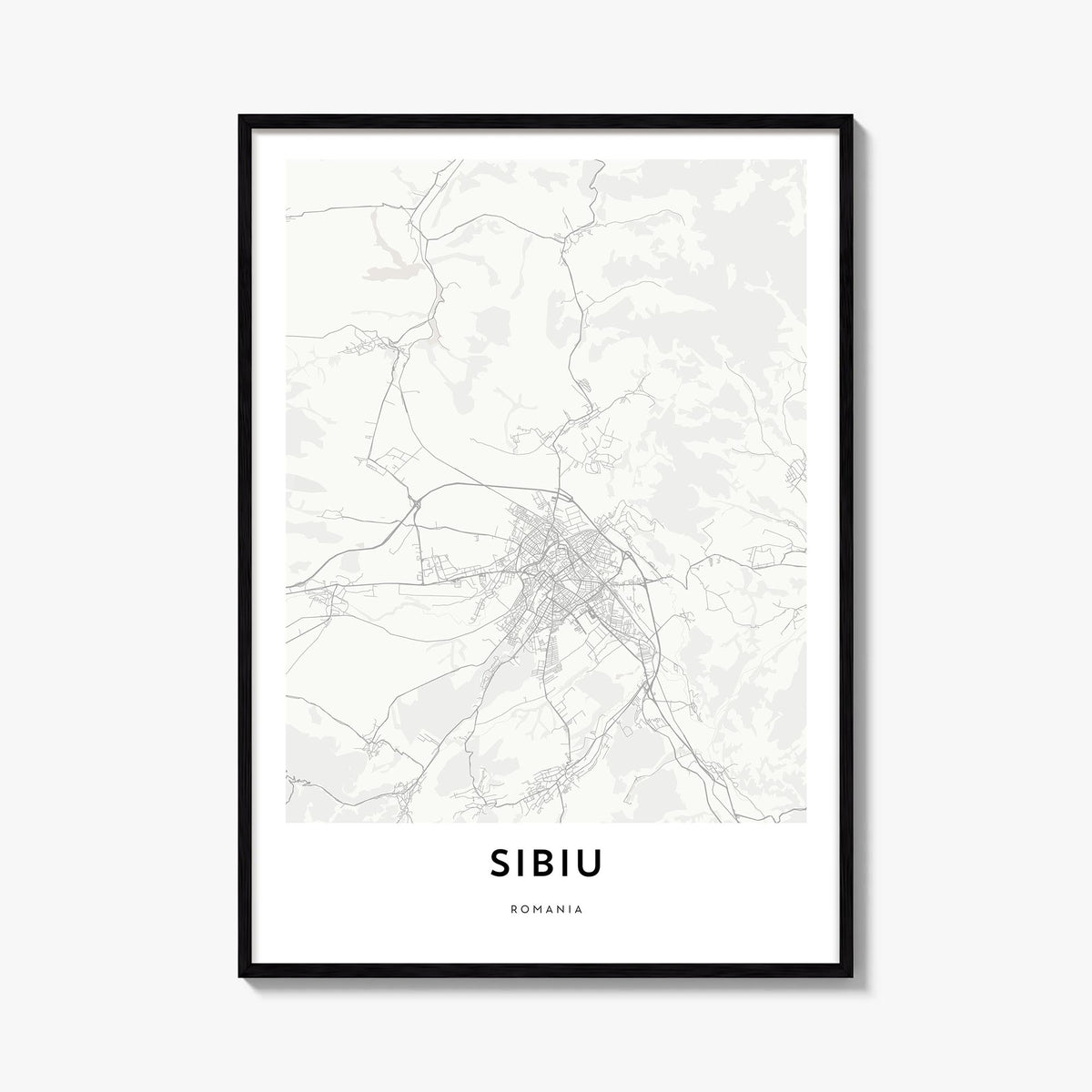 Sibiu black & white map poster of Romania – vertical wall art, unframed print shown in interior mockup