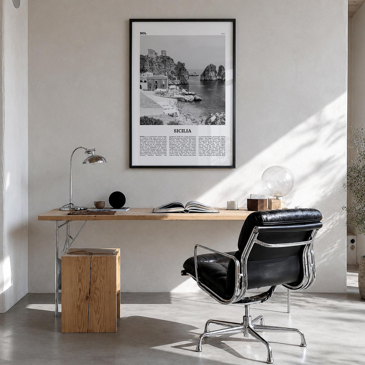 Sicily no. 1 black & white newspaper poster of Sicilia, Italy – vertical wall art in black wood frame, hanging on wall